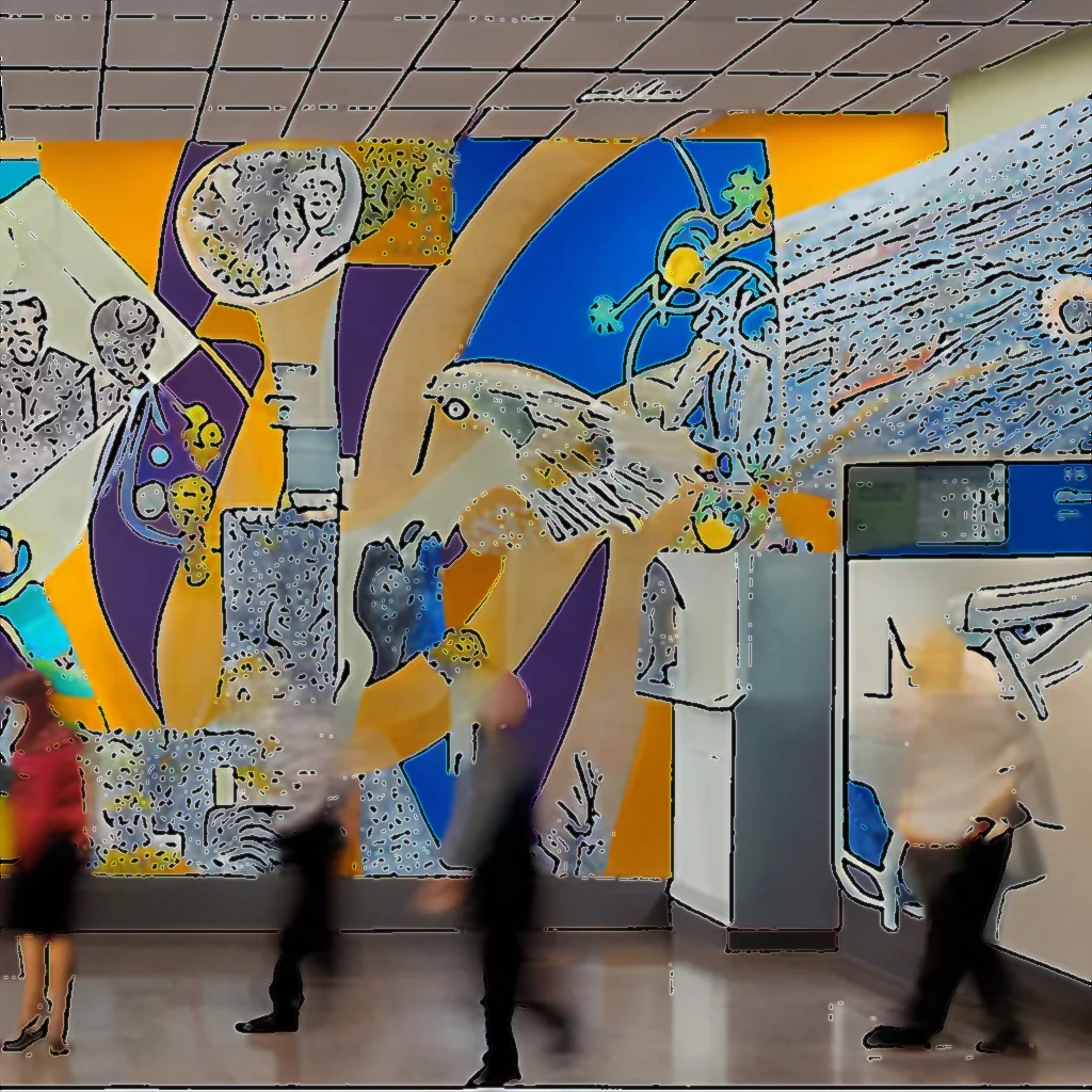 Artistic representation for A mural honoring scientists hung in Pfizer NYC lobby for 60 years . Now it up for grabs.