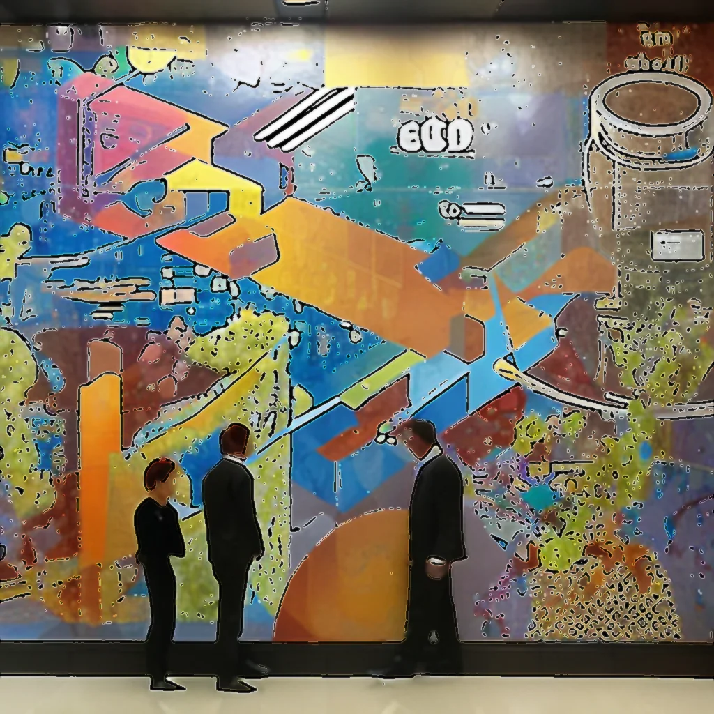 Artistic representation for A mural honoring scientists hung in Pfizer NYC lobby for 60 years . Now it up for grabs.